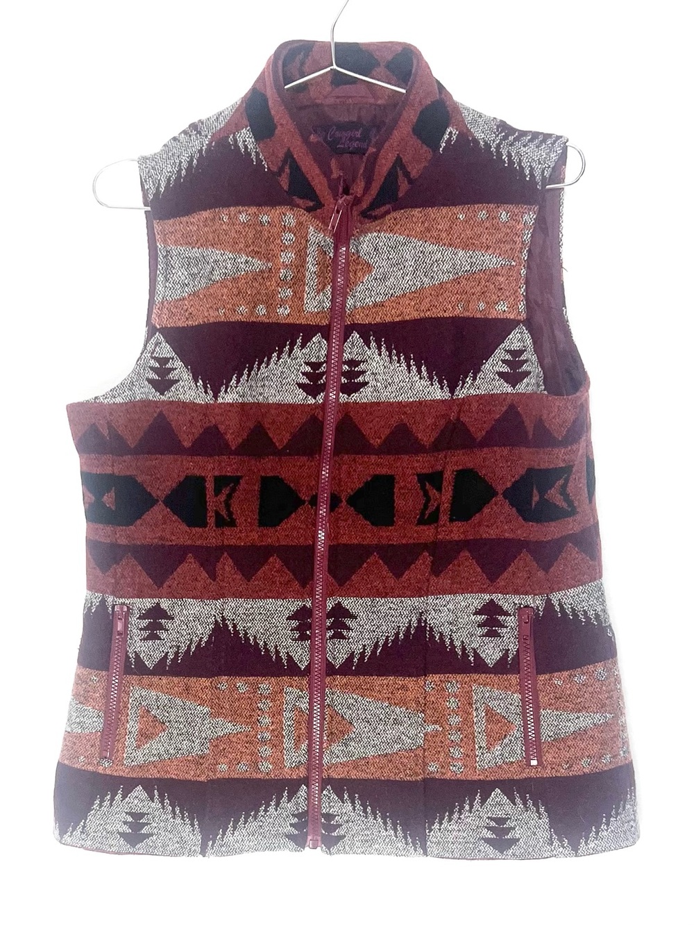 🤠 COWGIRL LEGEND | Woven Patterned Zip-Up Vest in Burgundy and Rust | size M - Picture 2 of 6